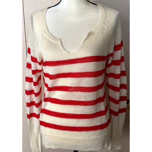 French Chic Sweater Lucky Brand Med Red White Preppy Coastal Granny Semi Sheer - Picture 7 of 7